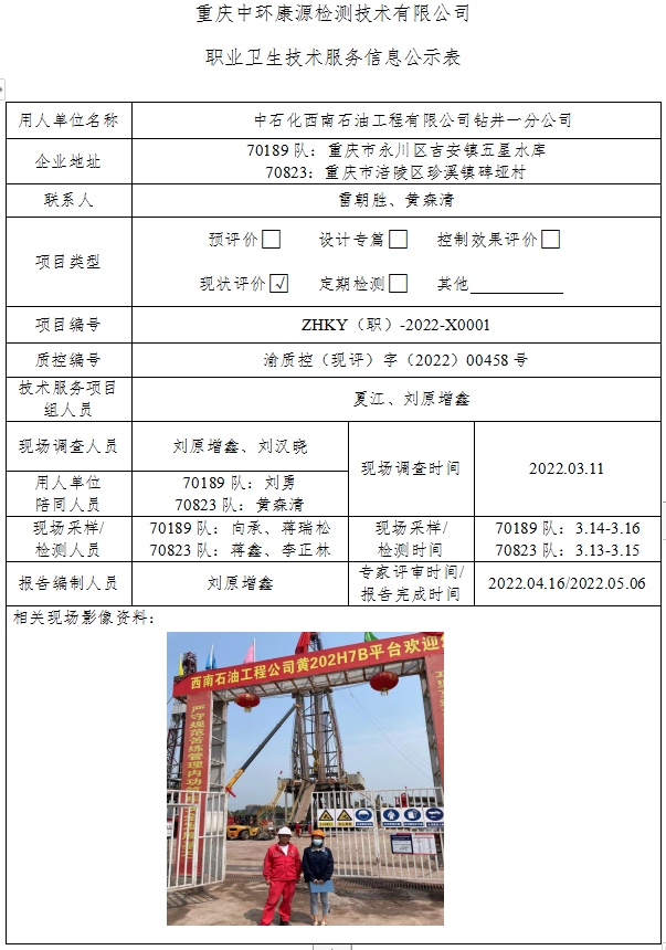 中石化西南石油工程有限公司钻井一分公司职业卫生技术服务信息公示表