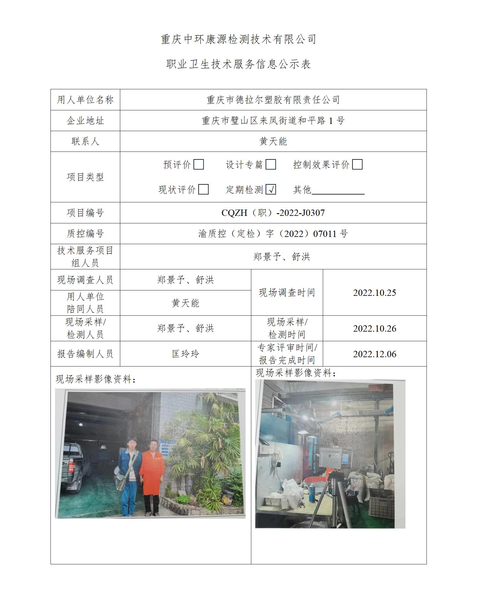 重庆市德拉尔塑胶有限责任公司职业卫生技术服务信息公示表