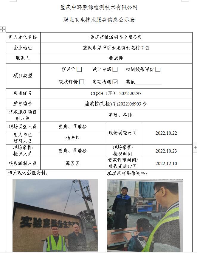 重庆市柏涛钢具有限公司职业卫生技术服务信息公示表