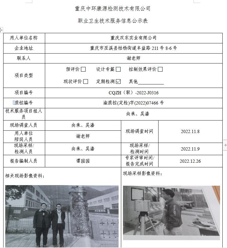 重庆双东实业有限公司职业卫生技术服务信息公示表