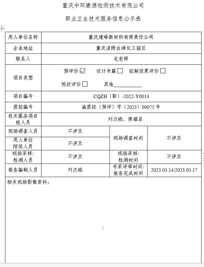 重庆建峰新材料有限责任公司职业卫生技术服务信息公示表