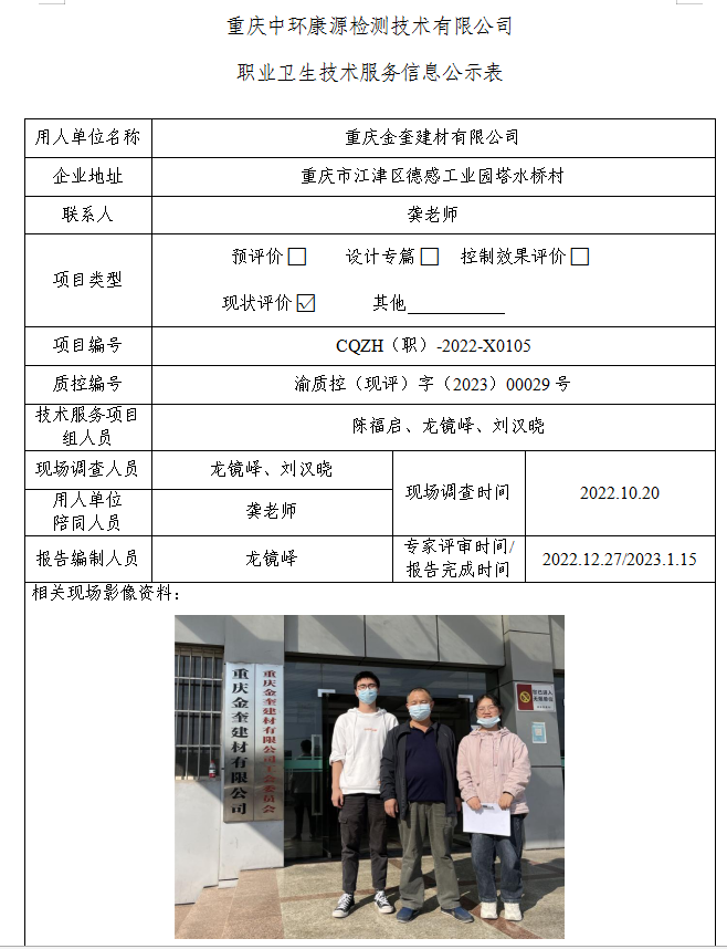 重庆金奎建材有限公司职业卫生技术服务信息公示表