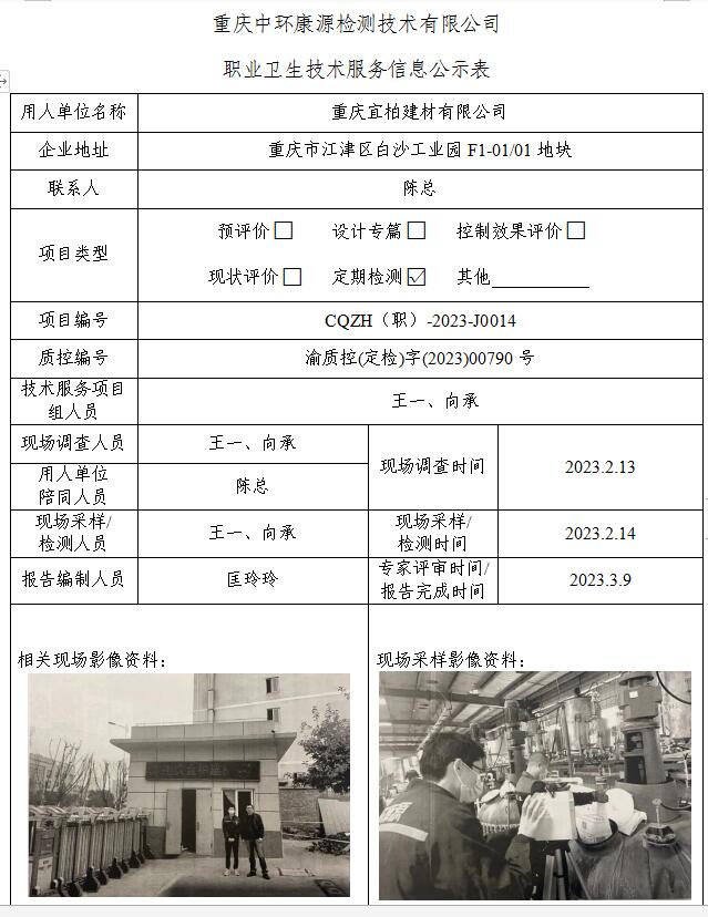 重庆宜柏建材有限公司职业卫生技术服务信息公示表