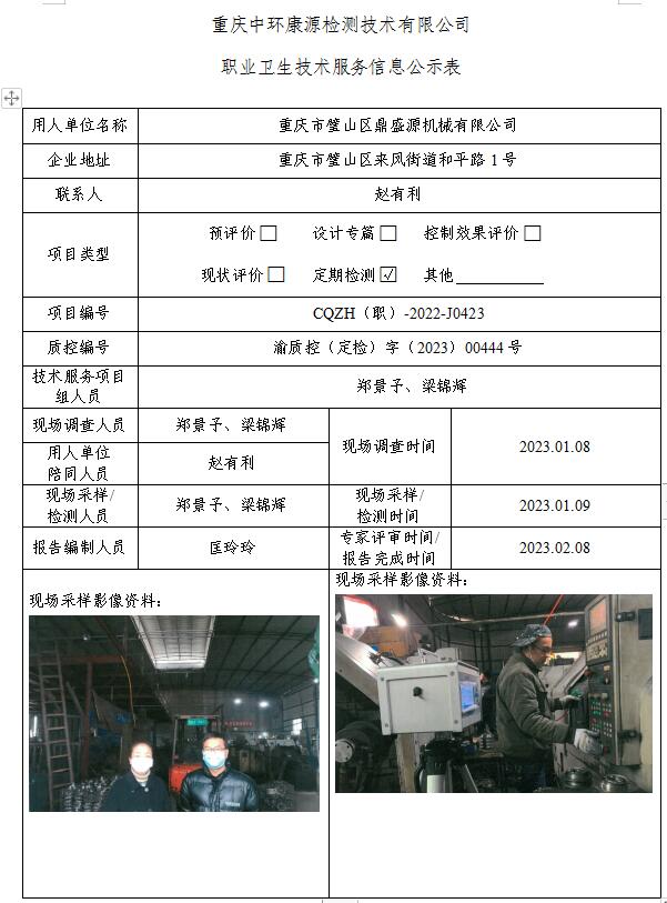 重庆市璧山区鼎盛源机械有限公司职业卫生技术服务信息公示表