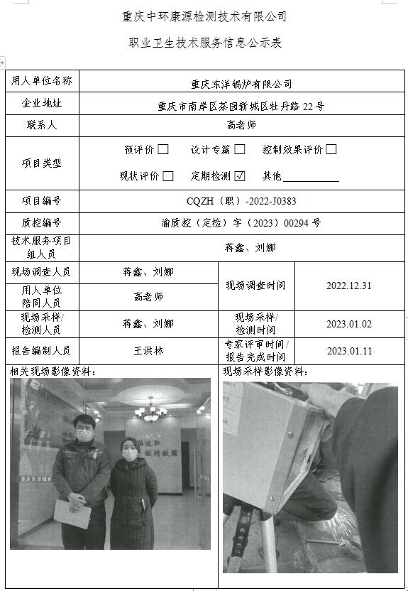 重庆东洋锅炉有限公司职业卫生技术服务信息公示表