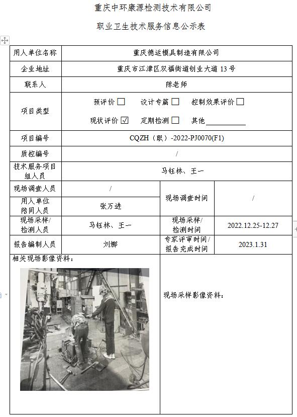 重庆德运模具制造有限公司职业卫生技术服务信息公示表