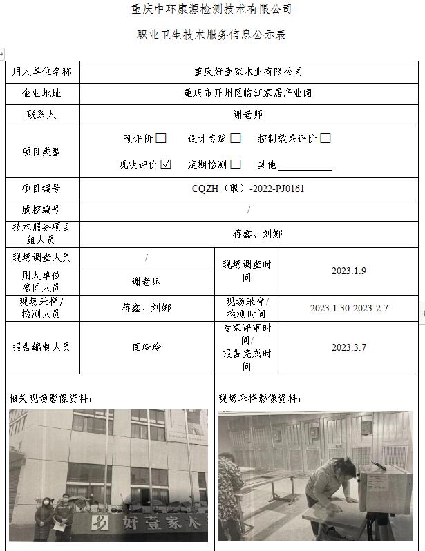 重庆好壹家木业有限公司职业卫生技术服务信息公示表