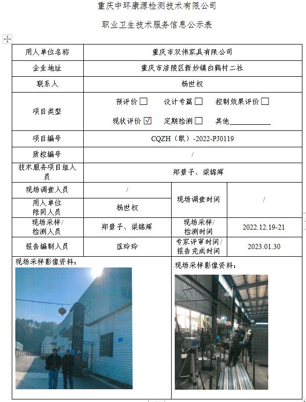 重庆市双伟家具有限公司职业卫生技术服务信息公示表