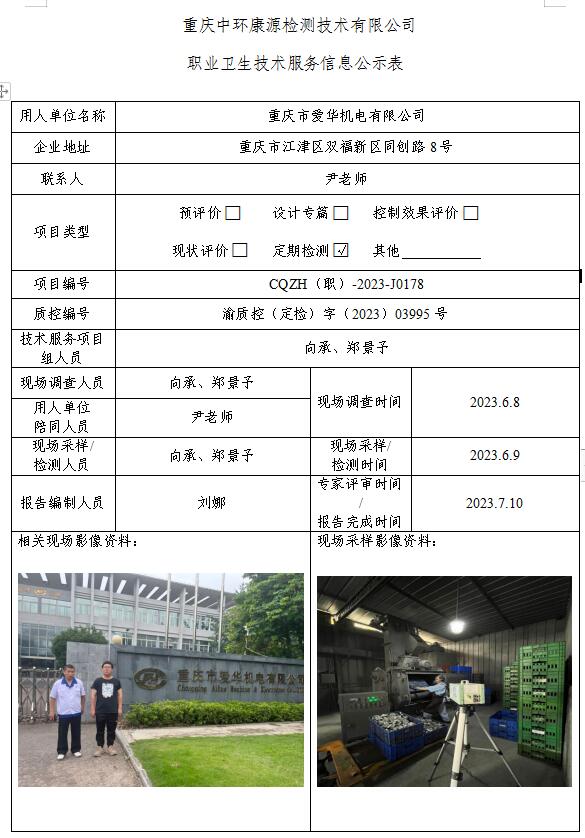 重庆市爱华机电有限公司职业卫生技术服务信息公示表