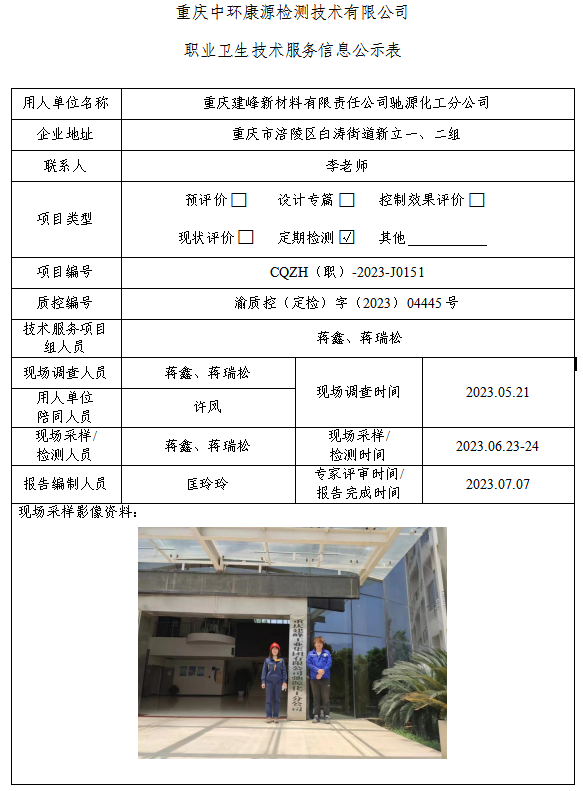 重庆建峰新材料有限责任公司驰源化工分公司职业卫生技术服务信息公示表