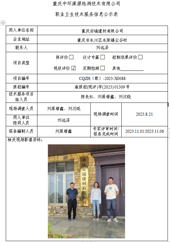 重庆安瑞建材有限公司职业卫生技术服务信息公示表