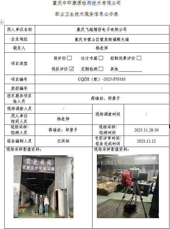 重庆飞越精密电子有限公司职业卫生技术服务信息公示表